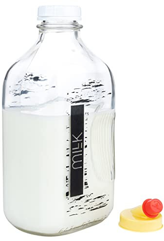 64 Oz Glass Milk Print Bottle with Lids, Half Gallon Carafe, Container for Refrigerator, Pitcher with Cap and Pour Spout, Made in USA by Kitchentoolz