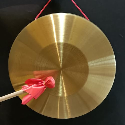 LOONELO Instrumento de gong con 36 cm, instrumento de percusión tradicional chino, gong de latón con mazo de madera y cinta roja para celebración de oficina en casa