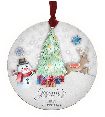 Personalised Baby 1st Christmas Bauble, Custom Acrylic X Mas Tree Decoration with Name on Snowman Design