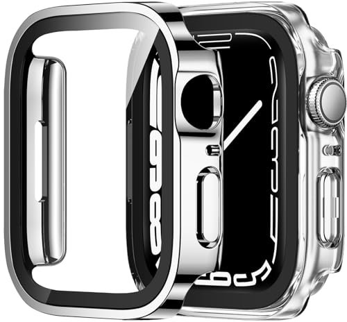 ZZDZZ [2 Pezzi] Cover Compatibile con Apple Watch Serie 9/Serie 8/Serie 7 45mm con Vetro Temperato, Custodia PC Rigido Anti Graffio per Apple Watch 45mm (Argento+Trasparente)