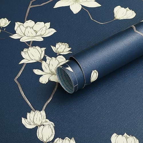 Fiula Floral Peel and Stick Wallpaper 41CMx3M Self Adhesive Vinyl Wrap Roll Stick on Wallpaper Vintage Botanical Contact Paper Furniture Sticker Cabinet White Flower Bedroom Waterproof Navy Blue