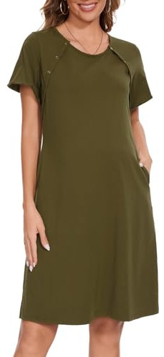 Sosolism Femme Chemise de Nuit Allaitement 3 en 1 Hôpital Maternité Coton Chemise de Nuit Manches Courtes Allaitement Robe avec Poches