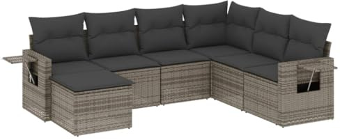 vidaXL Garten Sofagarnitur mit Kissen 7-TLG., Gartenmöbel Gartengarnitur, Sitzgruppe Sitzgarnitur, Lounge Sofa Garnitur Terrasse, Grau Poly Rattan