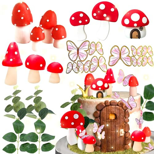JeVenis Red Mushroom House Cake Decoration Mushroom Cake Decorations Fairy Cake Decorations Garden Fairy Cake Decoration Fairy Party Supplies Fairy Party Favors