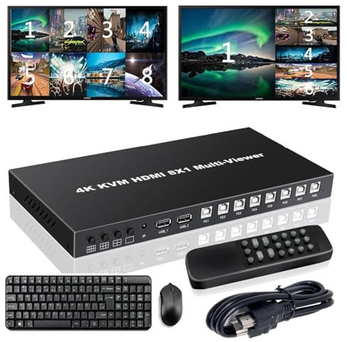 HDMI MultiViewer 8x1 with KVM Function, 4K@30Hz HDMI Quad MultiViewer Share 8 Computers simultaneously, Allowing Them to Share a Set of Keyboard and Mouse simultaneously, with IR Remote Control