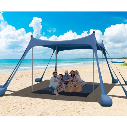JMOREGO Strandzelt, Camping-Sonnenschutz mit Strandmatte, 2 Sandschaufeln, 8 Sandsäcken, Heringen und Stabilitätsstangen, LSF 50+, Outdoor-Schatten, Strandüberdachung für Campingausflüge, Angeln oder
