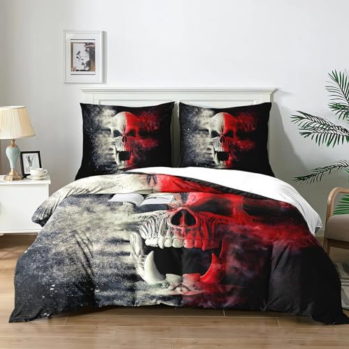 Yzehomijia Totenkopf Bettwässe Set 3 TLG mit Schädel Muster, Gothic Bettbezug 220x240 cm + 2 Kissenbezug 65x65 cm, 3D-Druck Bettwässe Weiche Microfaser(K3×220