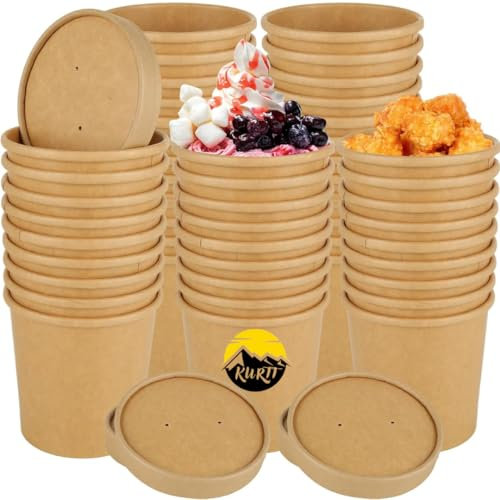 KURTT Lot de 500 gobelets en carton de 350 ml avec couvercles - Utilisation multifonctionnelle pour tasse à glace, tasse à soupe, tasse alimentaire - Gobelets en carton kraft - Tasse à vinaigrette -