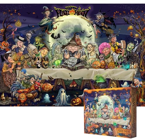Halloween Jigsaw Puzzle 1000 Piece for Adult Family,Horror Halloween Witches Ghost Party,Perfect Snap 27.6x19.7 Inches