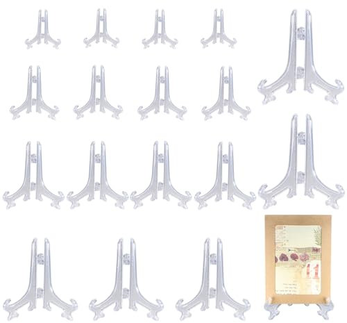 18 Klar Kunststoff Staffeleien 5 Größen, Telleraufsteller Klappbar, Multifunktional Klar Staffelei Plastik, Dekorativer Tellerständer, Plastik Bilderrahmen Platten Ständer für Medaille Münze Karte