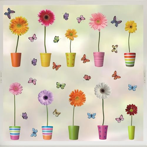 KAIRNE Blumen Fenster Aufkleber,Blumen Fenstersticker,Pflanzen Blumen Fensterdeko,Garten Schmetterling Fensterbilder,Topfpflanze Sonnenblume Wandtattoo Wohnzimmer Schlafzimmer Frühling Sommer Deko