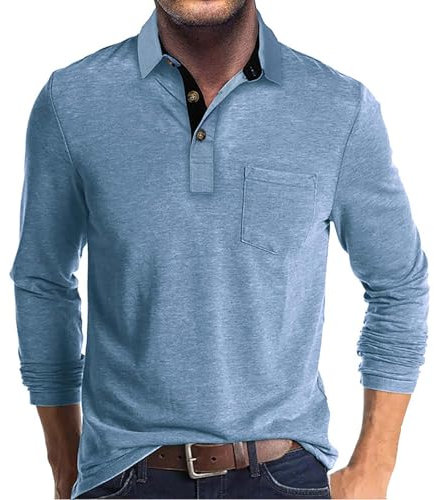 Poloshirt Herren Langarm Poloshirt Herren Langarm T Shirts mit Tasche Polo Klassisches L 01-Hellblau