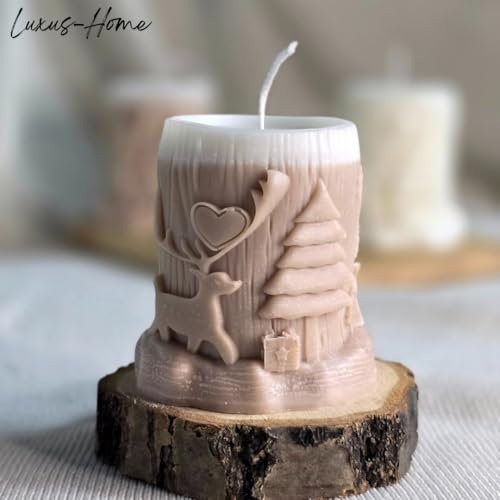 Luxus-Home Weihnachts - Szene - Kerze - Rentier - Weihnachtsbaum & Herz - Motiv – Deko-Kerze für Weihnachten - Sojawachskerze - Weihnachtsgeschenke - Deko - Wohnzimmer - Braune Kerze