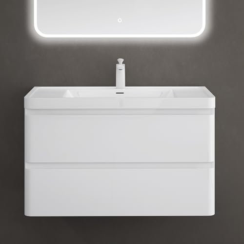 doporro Badmöbel Set Waschtisch mit Unterschrank Waschbecken mit Unterschrank Waschbeckenunterschrank Waschtischunterschrank Weiß 90x48x55cm inkl. Mineralguss-Waschbecken