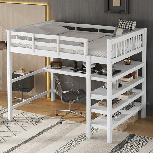 Hochbett Kinderbett 140 x 200cm mit Schreibtisch und Offenes Lagerregal, Holzbett Funktionsbett mit Lattenrost und Rausfallschutz, Kinder Etagenbett Bettgestell mit Leiter, Ohne Matratze (Weiß)