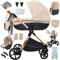 Nine point nine Kinderwagen 3 in 1, Kinderwagen Set mit Umkehrbarem Doppelschiebemodus, Kombikinderwagen 3 in 1 mit Großer Bequemer Babywanne, Rahmen Aluminiumlegierung (H2 Yellowish)