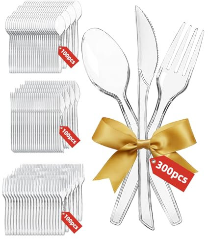 300 Stück Plastikbesteck,Plastikgabeln,Kunststoffmessern und PlastikLöffel, Wiederverwendbar Party Besteck Messer Gabeln Löffel je 100 Stück für Familienfeiern, Outdoor Dinner, Partygeschirr Mehrweg