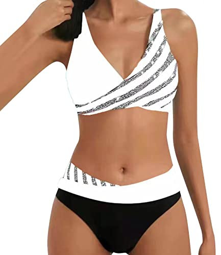 SHINEHUA Damen Bikini Set Wickeloptik Lace Up Bikini Set Neckholder Bikini Oberteil High Waist Wickel Bikinihose Tiefer V Ausschnitt Sportlich Zweiteiliger Strandbikini (R4-White, L)
