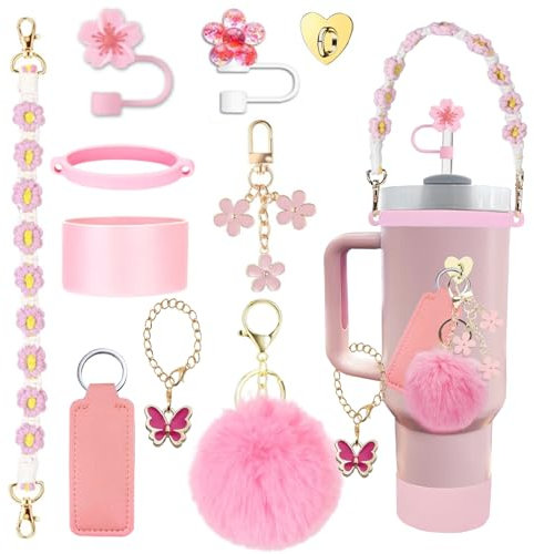 10PCS Cup Accessories for Stanley Cup, Including Silicone Straw Cover, Water Bottle Handle Strap, Bottle Boot, and Keychain Charms Compatible with 30oz 40oz Stanley Tumbler with Handle