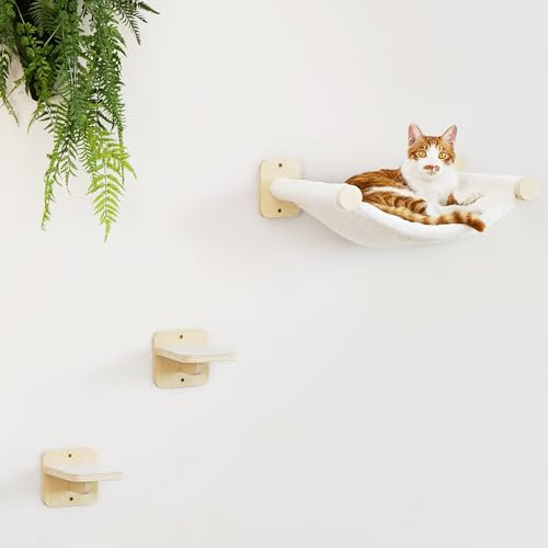 FUKUMARU Kletterwand Katzen, Katzenmöbel mit 2 Katzentreppe Wand,Katzenbaum Hängematte aus Birke mehrschichtige Platte, Katzenwandmöbel für Schlaf, Klettern und Spielen, beige