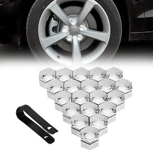 JEYORZY 20pcs Copridado Ruota 19mm, Copri Bulloni Ruota Universali, Copridadi Bullone Ruota, Copridadi Ruota, Tappi Ruote Auto, Copridadi Esagonali per Pneumatici con 1 Strumenti di Rimozione, argento