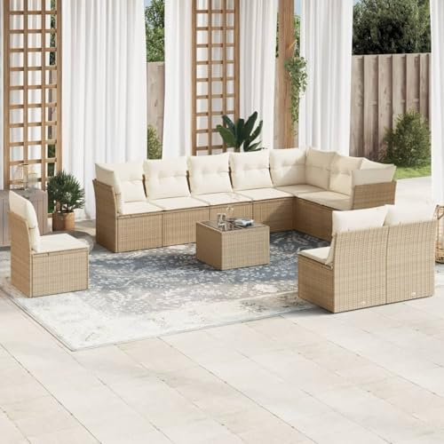 Brokky 11-TLG. Garten-Sofagarnitur mit Kissen Garden Sofas TerrassenmöBel Outdoor Furniture Lounge Set Balkon Gartenset MöBel Beige Poly Rattan / 3249647