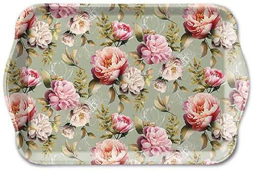 Ambiente Tablett 13x21cm Melamin mit Pfingstrosen Motiv - zum Dekorieren & Servieren - kleines Serviertablett für Kaffee Tee Frühstück - Vintage Tischdeko Hochzeit - Dekotablett romantisch Grün Rosa