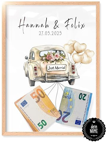 myDreamwork® PERSONALISIERTE Geldgeschenke zur Hochzeit - ausgefallenes Hochzeitsgeschenk - Hochzeitsgeschenk personalisiert - Just Married Spardose Hochzeit (Auto - Bohamian, A5 (mit Rahmen))