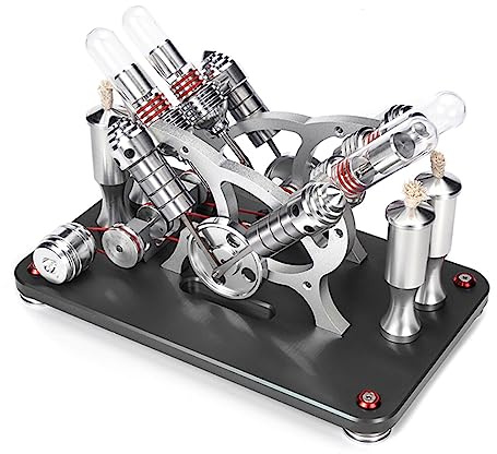 Joytopiaminds V4-4-Zylinder-Stirlingmotor-Modellbausatz aus Metall, Mikro-Verbrennungsmotor mit Stromgenerator und LED-Anzeige, MINT-Physik-Spielzeug für Erwachsene und Jugendliche