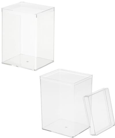 YELARXI Acrylic Box with Lid, 2.56 x 2.56 x 3.74 in Acrylic Display Case Plastic Square Cube Container Storage Holder Stackable Bins for Cosmetic Collectible Candy Jewelry(2 Pack, Clear)