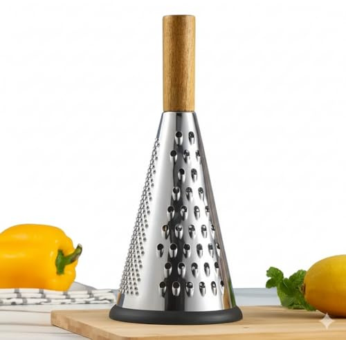 Damoex Rallador de acero inoxidable, rallador de queso, rallador de verduras, mango de madera certificado, acero inoxidable, 27x12cm, Ideal para Cocina, Hogar y Restaurante