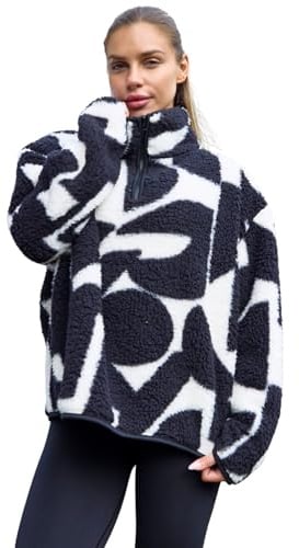 OHS Fleece Jacket Women Half Zip, Geometric Teddy Fleece Jacket Soft Cosy Warm Winter Clothing Women's Jackets Half Zip Sweatshirt Women Long Sleeve Ladies Jackets Top for Outdoor, Monochrome - L/XL
