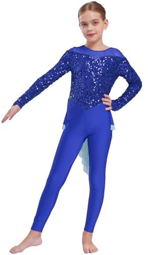 Nyeemya Ganzkörper Turnanzug Mädchen Pailletten Glitzer Gymnastikanzug Chiffon Rüschen Ganzanzug Sport Overall Jumpsuit Dancewear Blau 134-140
