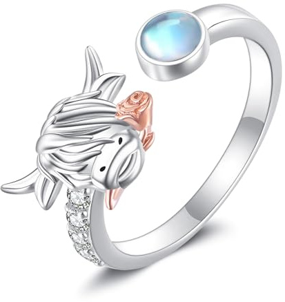 URONE Highland Rind Ring 925er Sterling Silber Mondstein Kuh Offene Ringe Süßer Tier Schmuck Geschenke für Damen