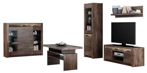 Mirjan24 Wohnzimmer Set Indiano I, Vitrine, Barschrank, TV-Lowboard, Wandregal, Couchtisch Farbauswahl, Wohnwand, Anbauwand (Esche Dunkel, ohne Beleuchtung)