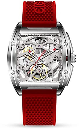 CIGA Design Reloj Automático para Hombre - Z Series Relojes Mecánicos de Pulsera Tipo Esqueleto y Estilo Tonneau, Cristal de Zafiro, Correa de Silicona(Rojo)