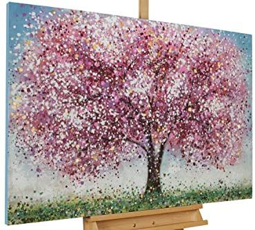KunstLoft Leinwandbild | 100% HANDGEMALT | 120x80cm | Gemälde 'Rooted Spirit' | Wald & Bäume | Rosa Blau | Wandbild Wohnzimmer