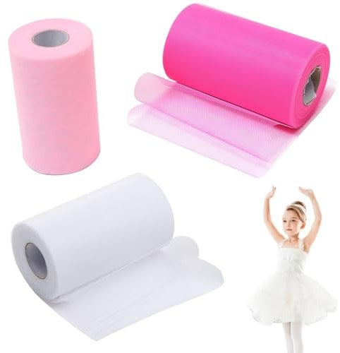 Tüll Dekostoff,Tüllstoff Tülldekostoff,DIY Tutu Stoff Rollen, Hochzeit Geburtstag Partydekorationen, Blume Verpackungsmaterial, Nähen Handwerk (3Pack, Tiefes Pulver, Hellrosa, Weiß)