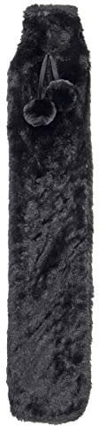 Hodge and Hodge Extra Long Length Hot Water Bottle with Faux Fur Cover & Pom Poms Slim Design for Thermotherapy Muscle Ache Tension Relief Backache Neck Strain Shoulder Pain 72cm - Black