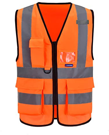 A-SAFETY Orangefarbene Sicherheitsweste mit 7 Taschen, Klasse 2, XL