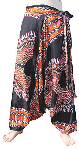 Full Funk Baggy Crotch Side Tied Mao Hill Tribe Harem Lounge Pants Dashiki Art, Large, Black Orange