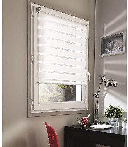 madecostore Double Store Enrouleur Jour Nuit Basic - Blanc - L75 x H160cm (Tissu = l72cm) - Fixation avec ou sans perçage - Chaînette Blanche 7911072160