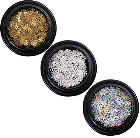 FRCOLOR 3 Boxes Christmas Nail Stickers Hollow Snowflake Nails Sequins Decal 3D Nail Art Flakes For Manicure Nail Art Design (Colorful, Golden, White)