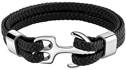 Emibele Armband für Damen, Robust Rindsleder, Mehrschichtig Vintage Anker Armband Wickelarmband - Schwarz mit Silbern Anker