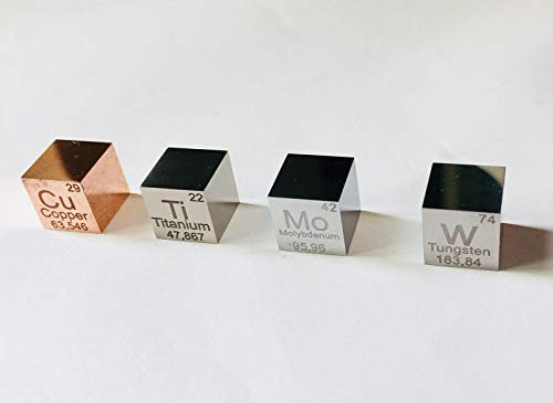 Set mit 4 10-mm-Würfeln: Wolfram, Molybdän, Titan und Kupfer. Chemische Daten auf 2 Seiten eingraviert. Polierter Spiegel. Sammeln, trainieren, experimentieren ...