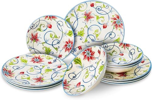 Tudor England 12-Piece Premium Quality Porcelain Dinnerware Set, Botanical, Service for 4