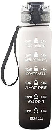Sport Gourdes, 35 Oz/1 Litre, Bouteille d'eau avec Marqueur Temps, Filtre Infuseur Fruits sans BPA, Plastique Tritan Co Polyester, pour La Gym, L'école, La Course à Pied (1L,White Black)