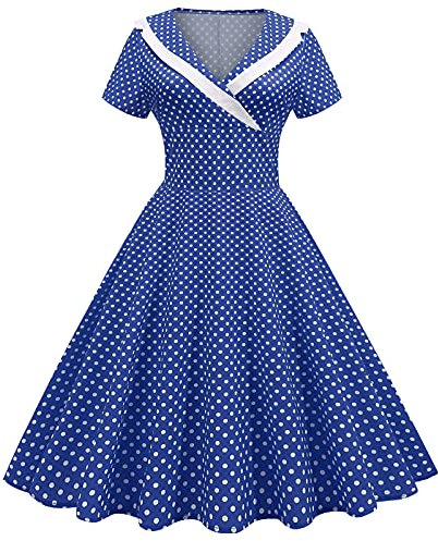 IWEMEK Women 1950s Vintage Retro Rockabilly Dress Lapel V-Neck Slim A-line 50s 60s Pinup Audrey Hepburn Style Polka Dot Swing Dresses Summer Casual Pageant Party Cocktail Evening Gown Blue M