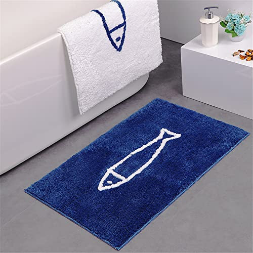 Odot Badezimmerteppich rutschfest Badematte Süßer Fisch Mikrofaser Waschbar Hochflor Badvorleger Weich Flauschig Badteppich für Badewanne, Dusche, Badezimmer und Schlafzimmer (Blau,50x80cm)