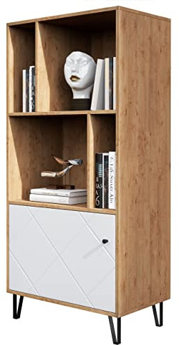 Newroom Regal Wildeiche Weiß Matt Bücherregal Skandi Modern - 63x136x40 cm (BxHxT) - Standregal - [Loya.Eight] Wohnzimmer Gästezimmer Büro